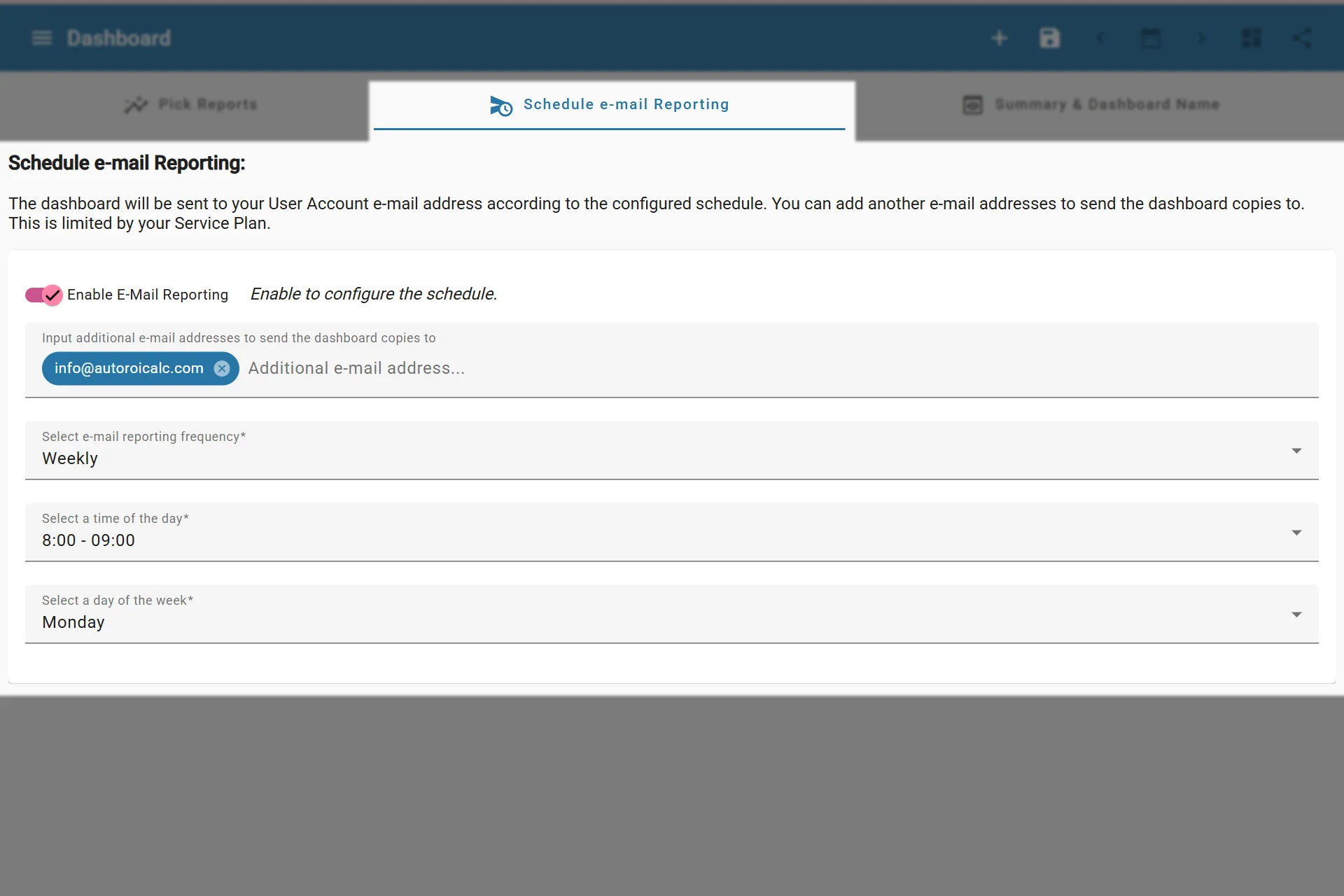 Enabling dashboard email reporting Enabling dashboard email reporting