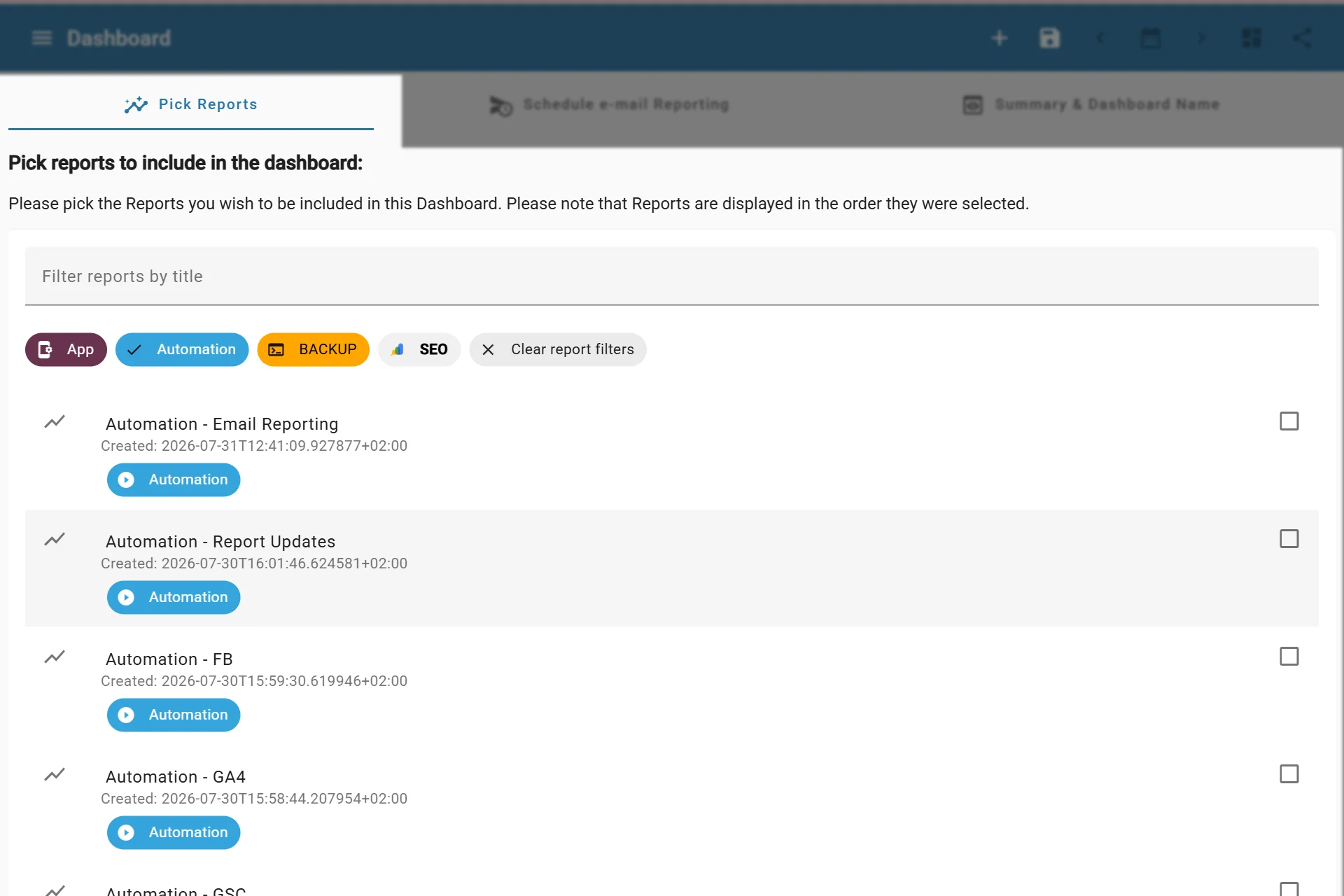 Picking Reports to a Dashboard