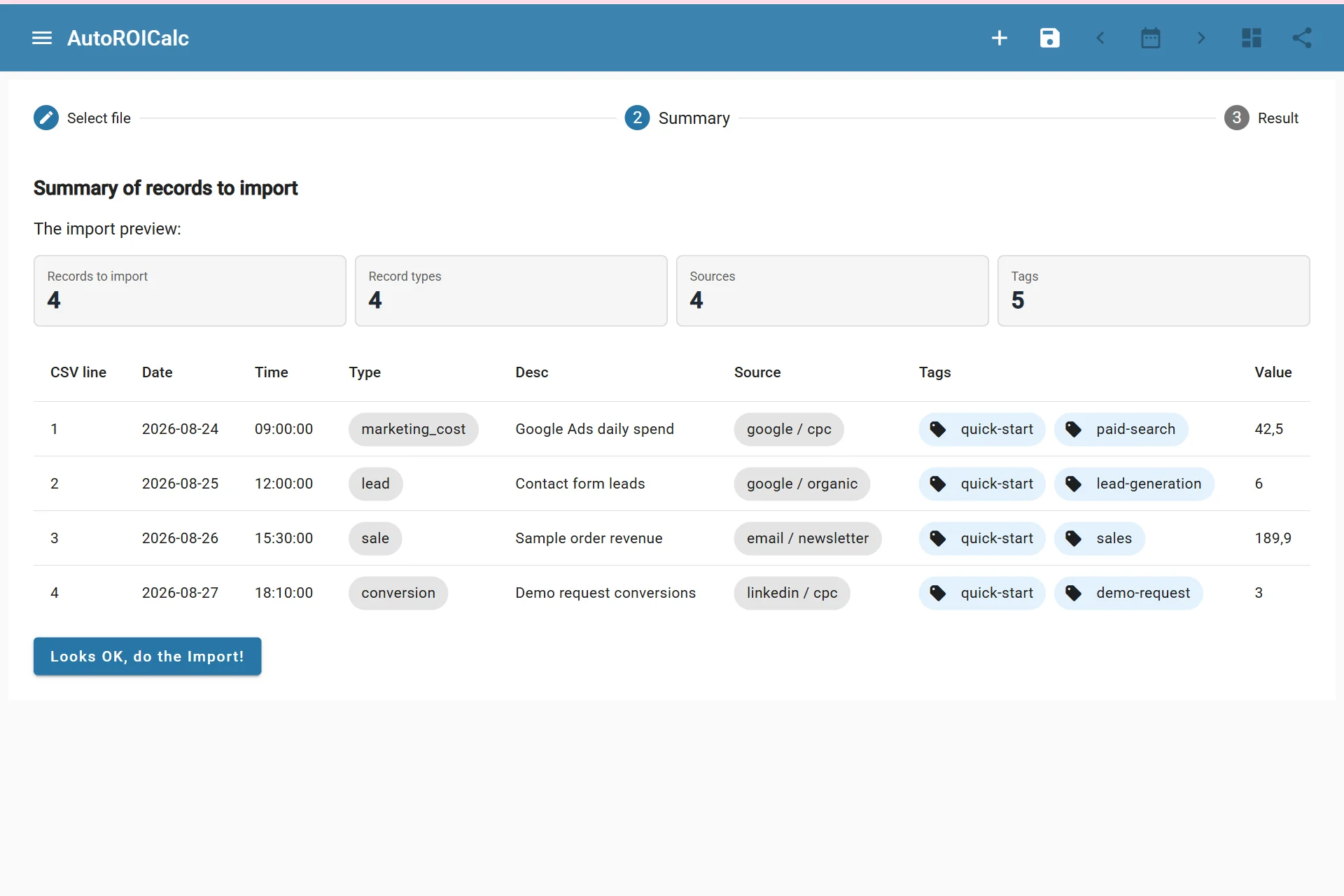 Importing sample records from CSV