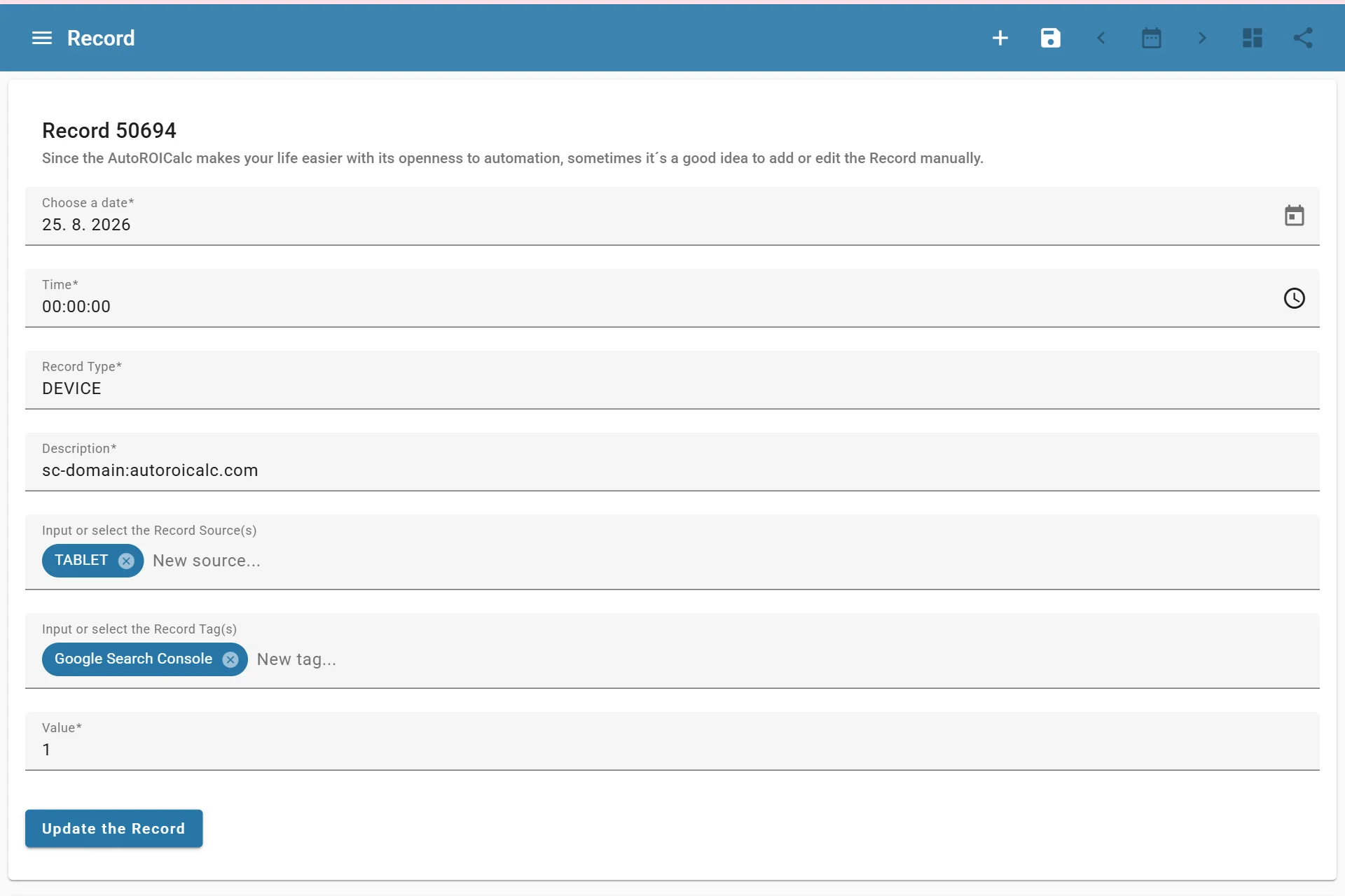 Record entry example