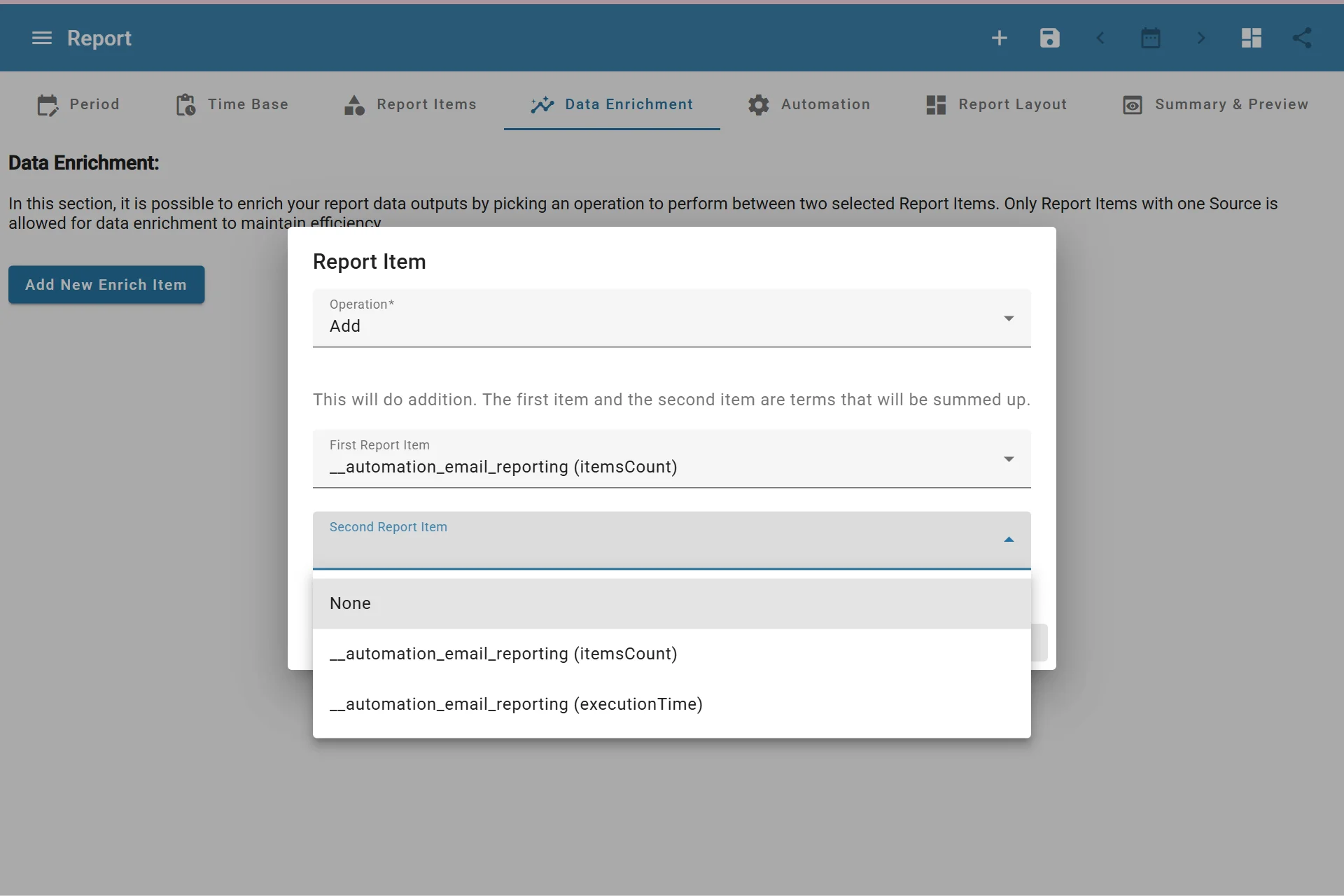 Adding Report Data Enrichment Item Adding Report Data Enrichment Item
