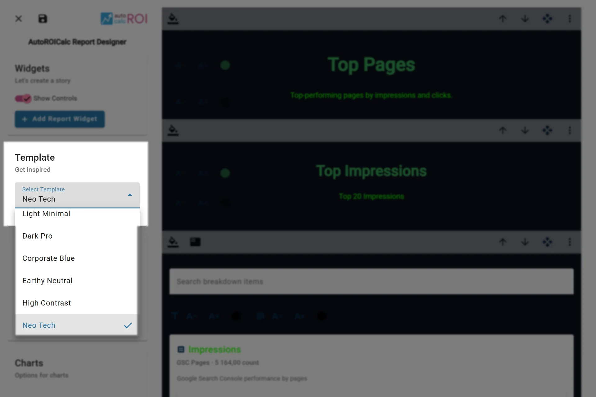 Choosing from pre-defined Report appearance templates