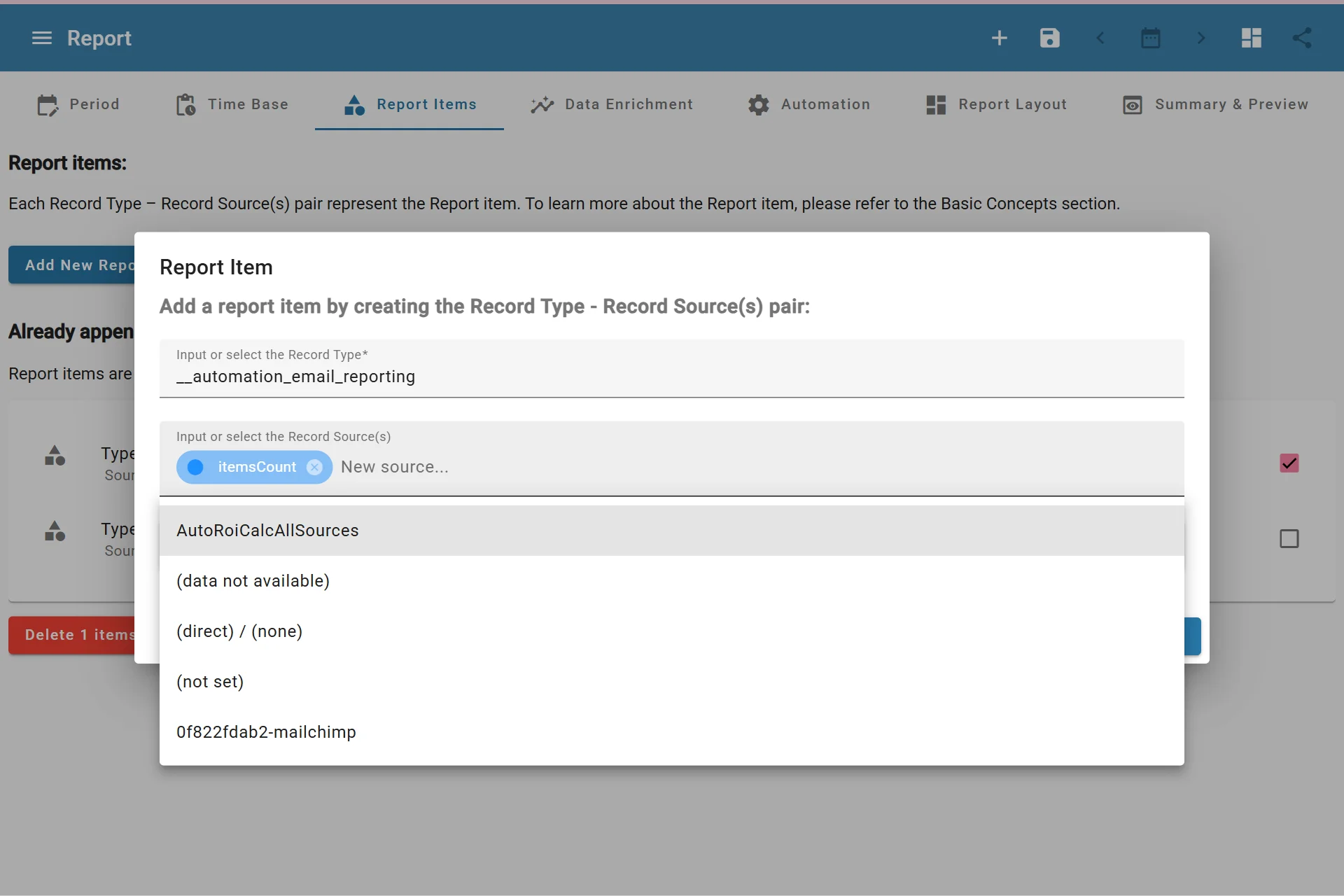 Selecting Report Item Sources