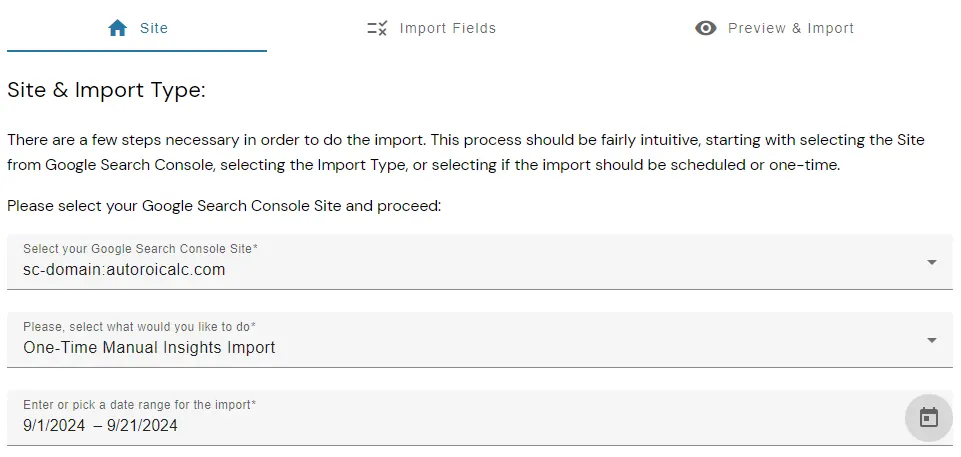 Select the Site and the Fields to import