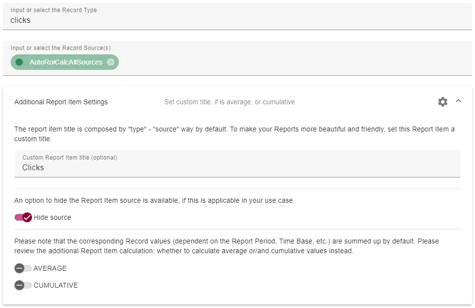 Setup for the Clicks Report Item.